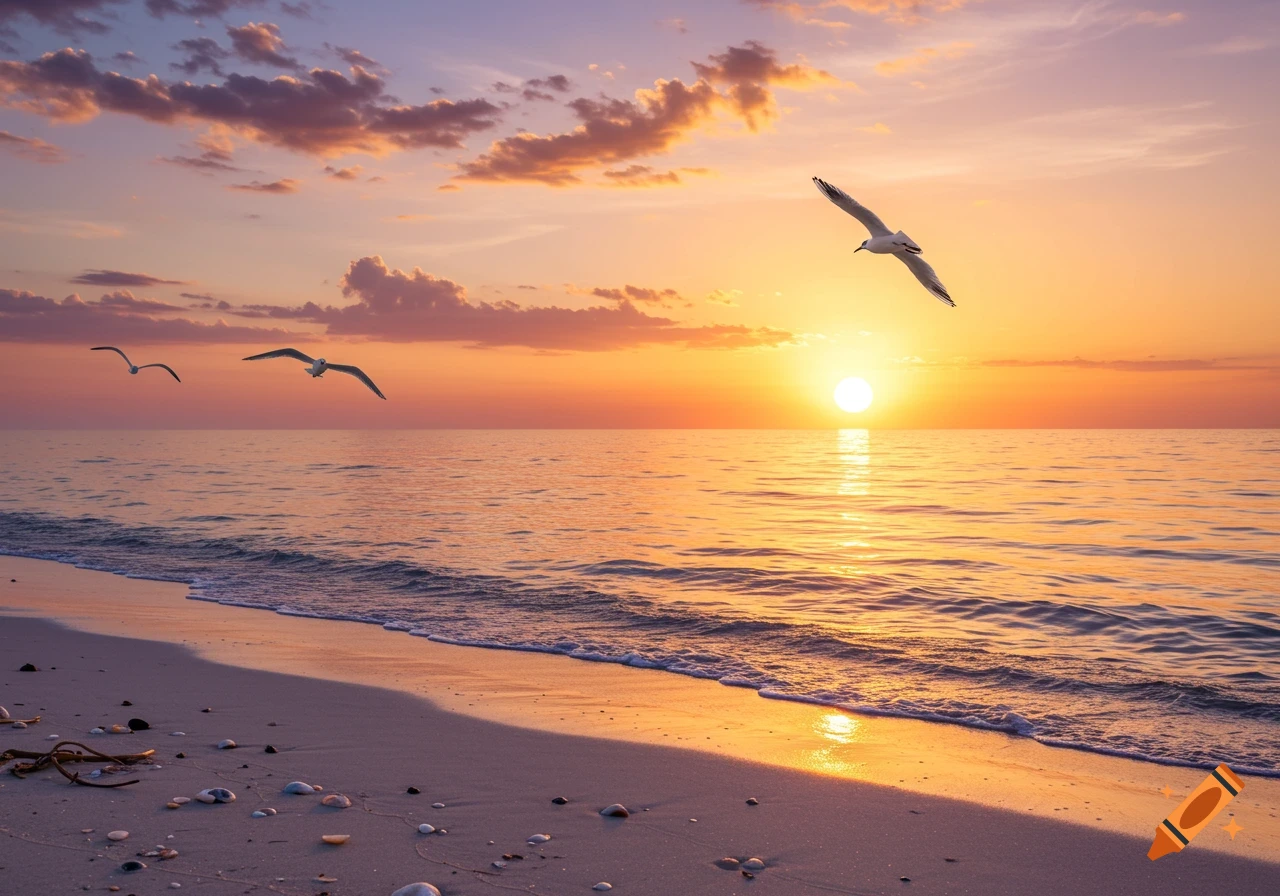 Photorealistic image of a vibrant sunset over an ocean beach, with waves lapping the shore and three seagulls flying overhead. The sky shows orange, pink, and purple hues.