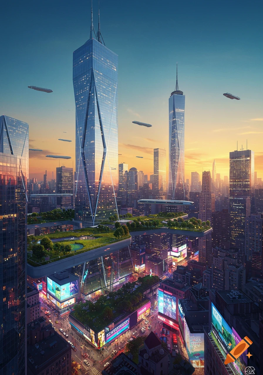 A vibrant, futuristic New York City cityscape at sunset, featuring towering skyscrapers, flying vehicles, and elevated green spaces.