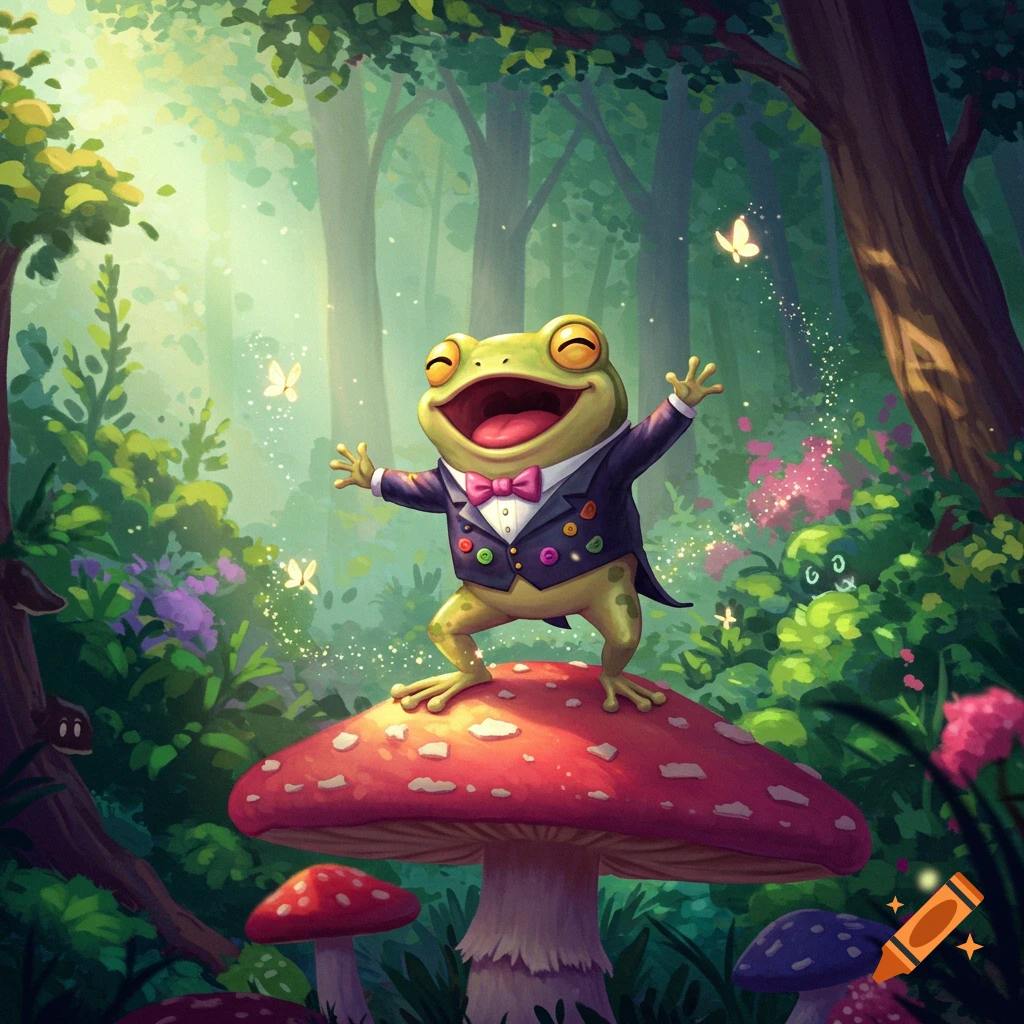 A happy cartoon frog in a tuxedo stands on a red mushroom in a magical, sunlit forest with butterflies.