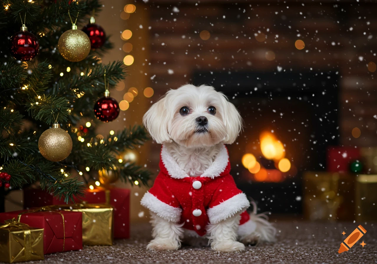 A white Maltese dog in a red Santa costume sits by a Christmas tree with gifts, in front of a fireplace with falling snow.