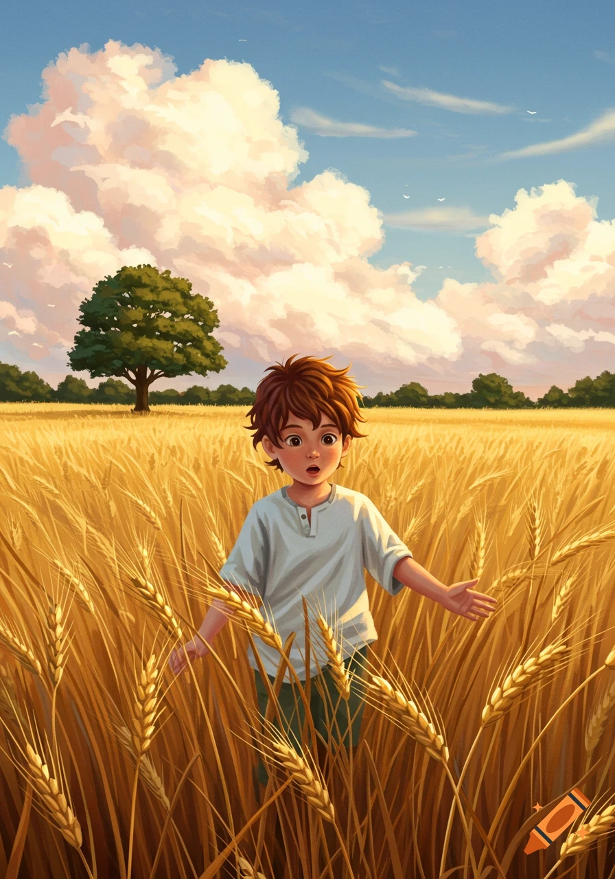 An illustrated boy with brown hair and a white shirt stands in a golden wheat field under a blue sky with fluffy clouds.