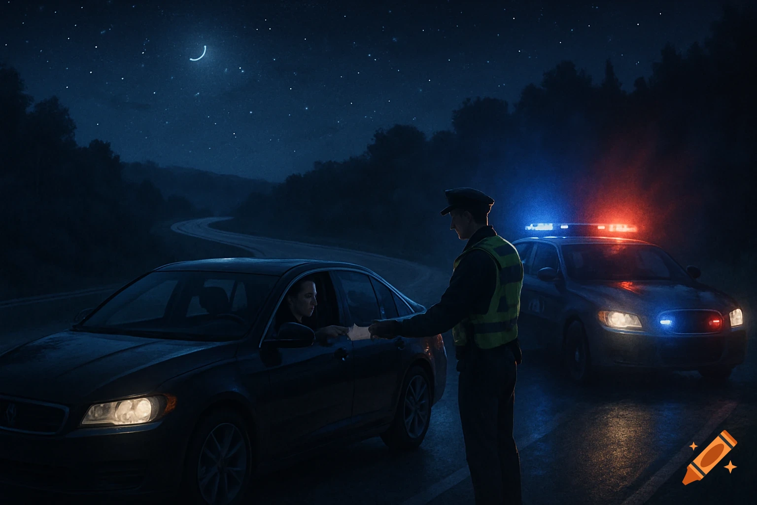 A police officer speaks with a driver during a nighttime traffic stop on a dark road, with a patrol car's flashing lights behind them.