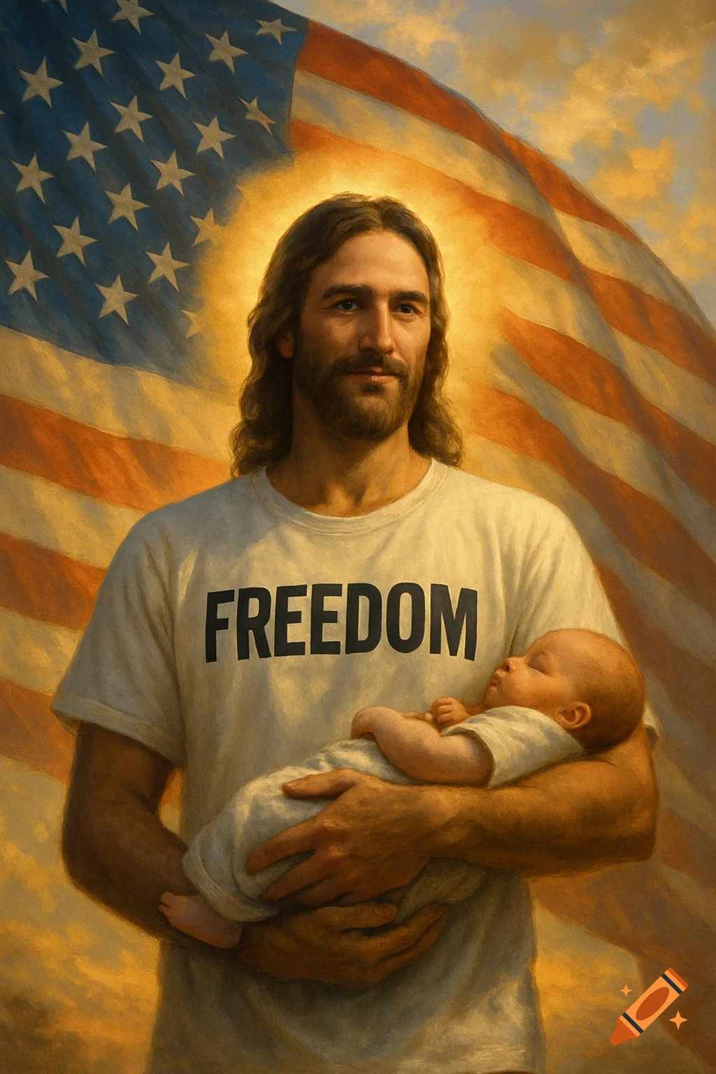 Jesus in a white 'FREEDOM' shirt, holding a baby against an American flag, painted style.