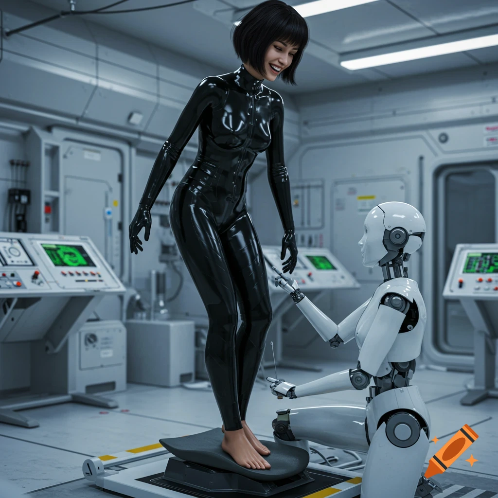 A woman in a black latex suit smiles as an android performs a foot test in a futuristic space station lab, photorealistic.