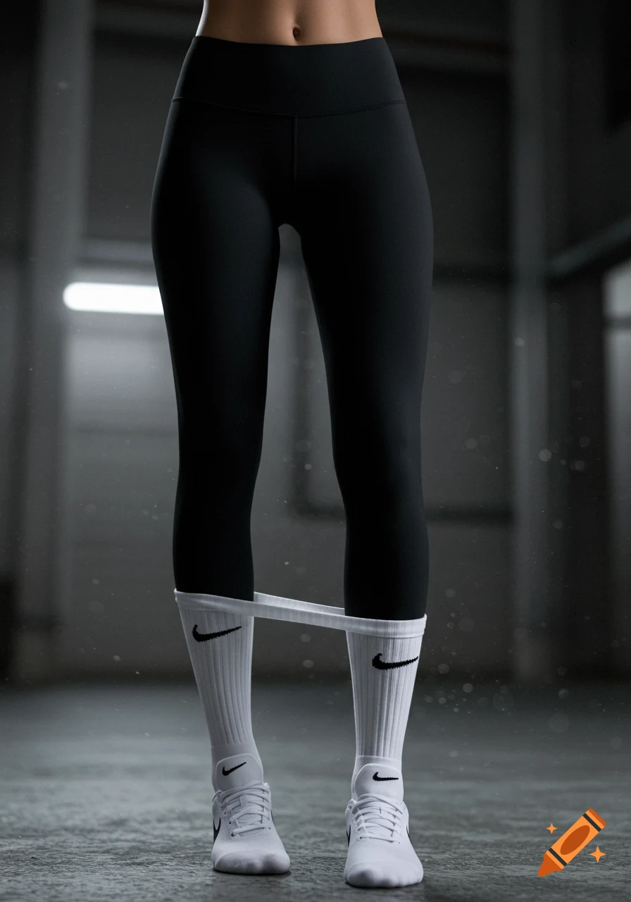 Photorealistic shot of a person wearing black leggings, white Nike socks pulled over the leggings, and white Nike sneakers.