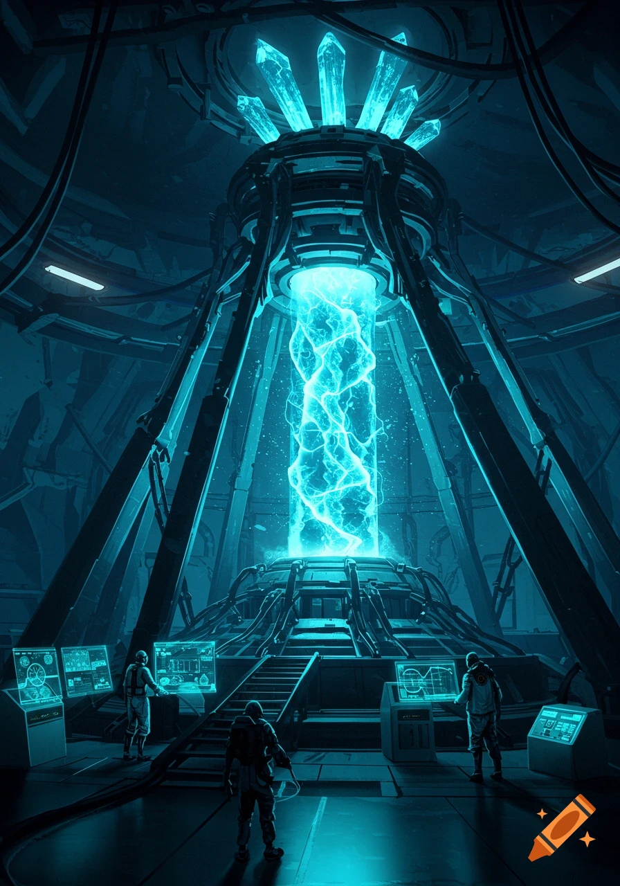A futuristic glowing blue reactor in a dark facility, with several scientists in suits operating control panels.