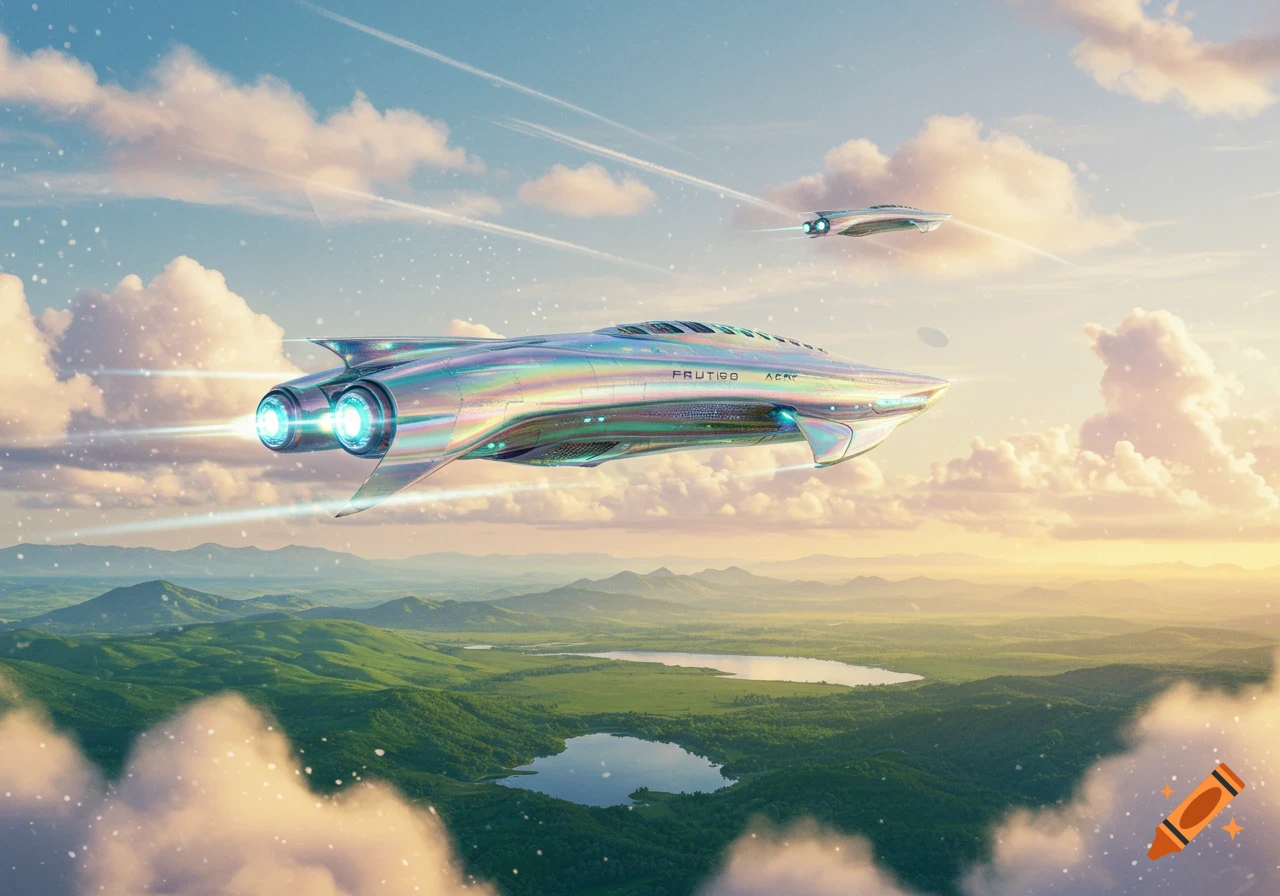 Two iridescent futuristic aircraft fly over a lush green landscape with mountains, lakes, and scattered clouds, under a bright sky.