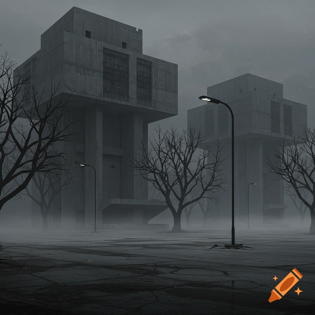Misty, dark brutalist plaza with imposing concrete buildings, bare trees, and illuminated street lamps.