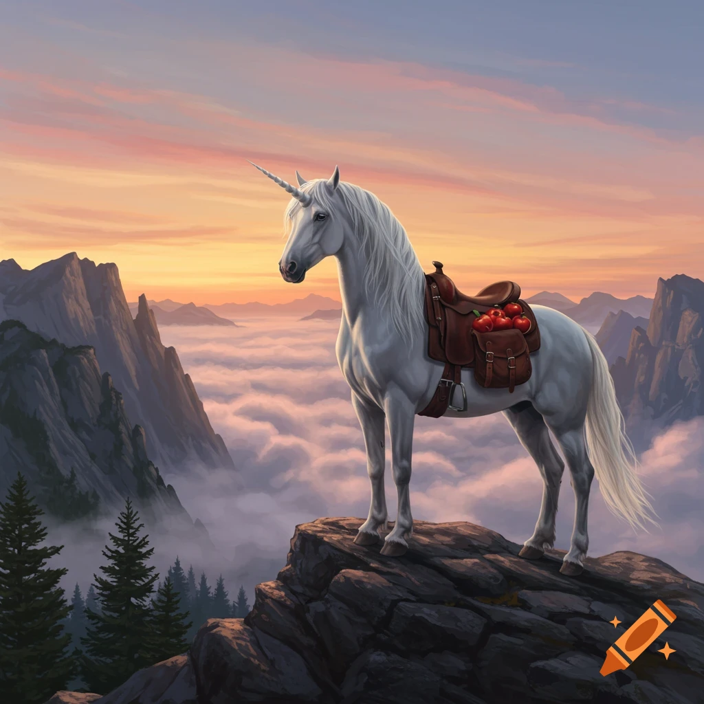 A majestic white unicorn with a saddle bag full of apples stands on a rocky mountain peak above clouds at sunset.