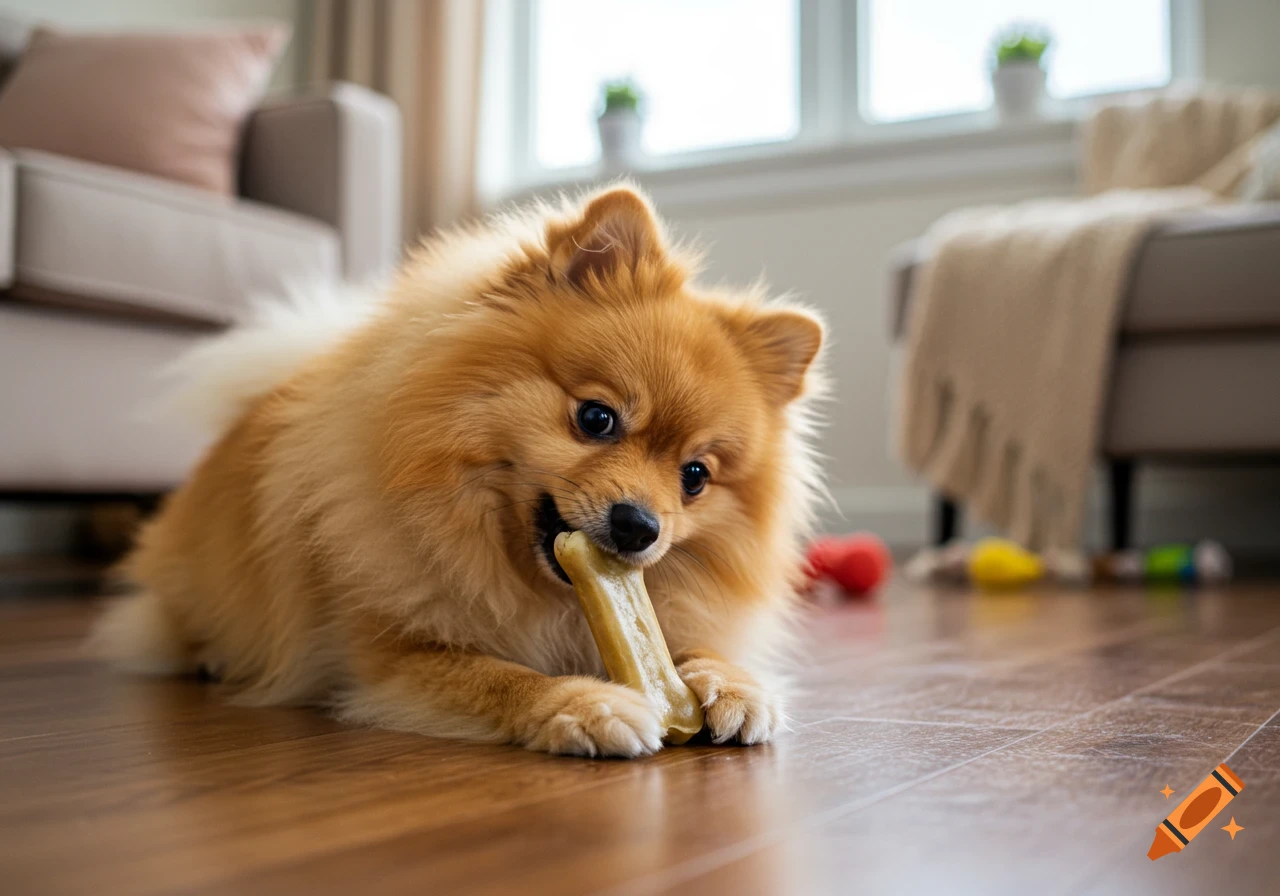 A fluffy, orange Pomeranian dog happily chews on a bone while lying on a wooden floor in a cozy home.