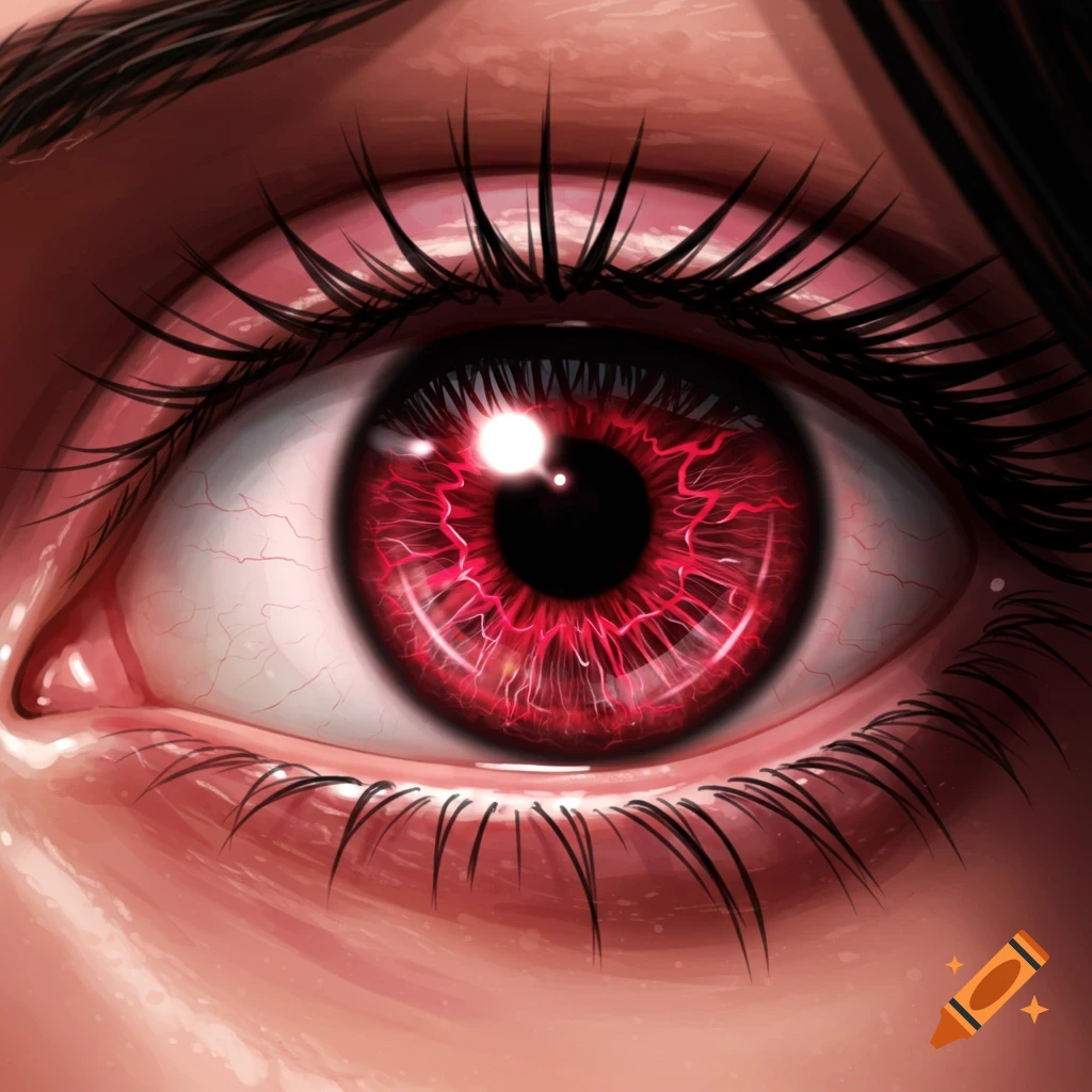 Close-up of a detailed, sharp anime eye with a glowing, deep crimson iris and black eyelashes.