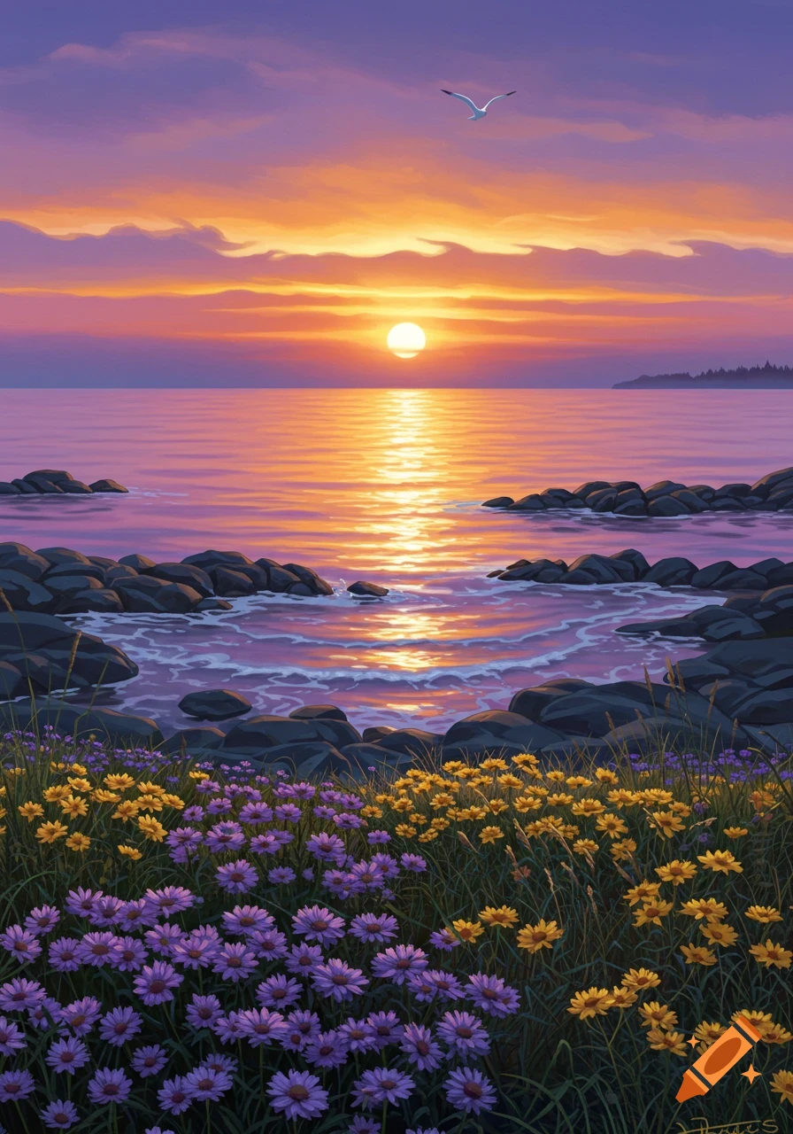 A vibrant sunset over a rocky coastline, with purple and yellow wildflowers in the foreground and a bird flying in the sky.