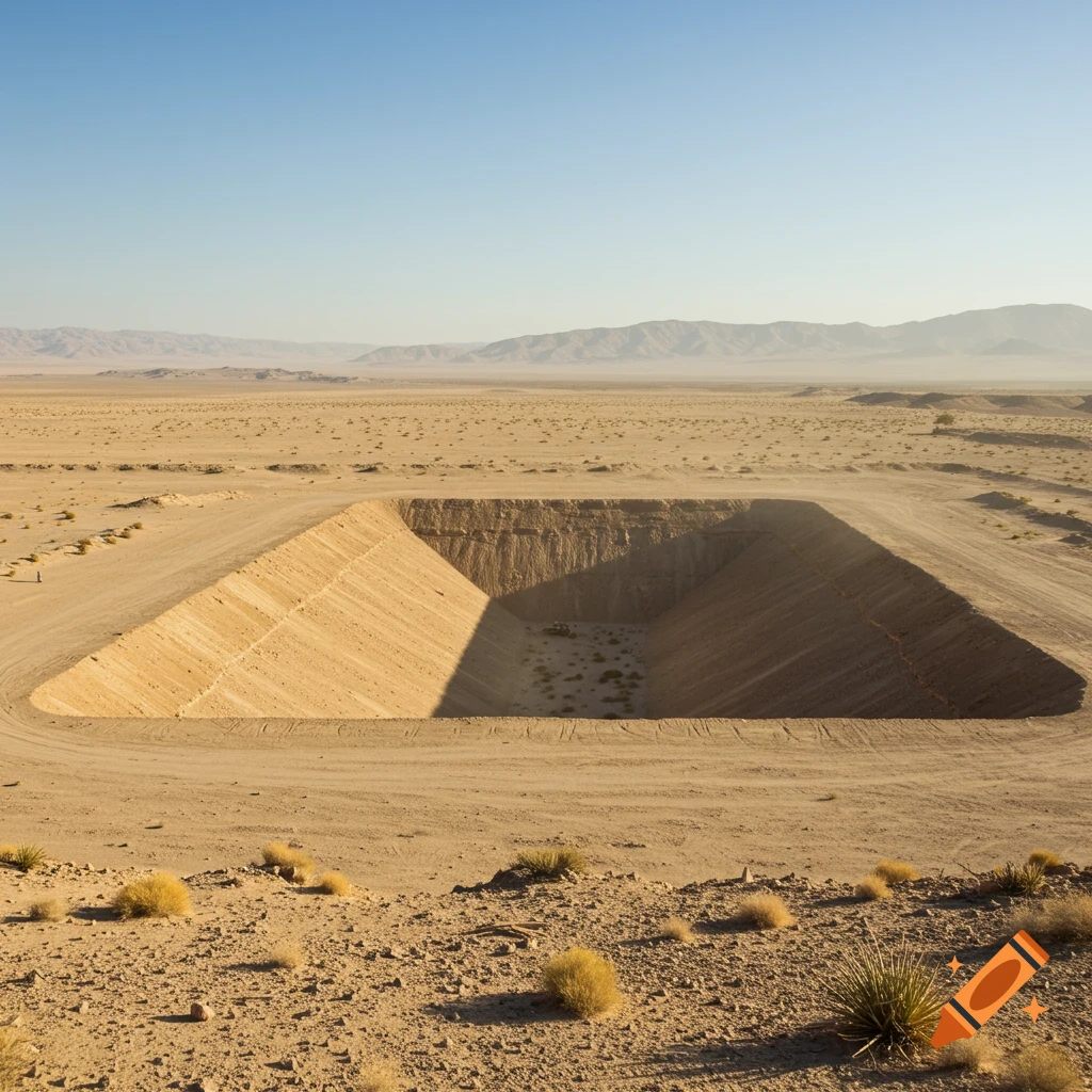 A large, rectangular excavated pit with sloping sides in a vast, flat desert landscape under a clear blue sky, with distant mountains.