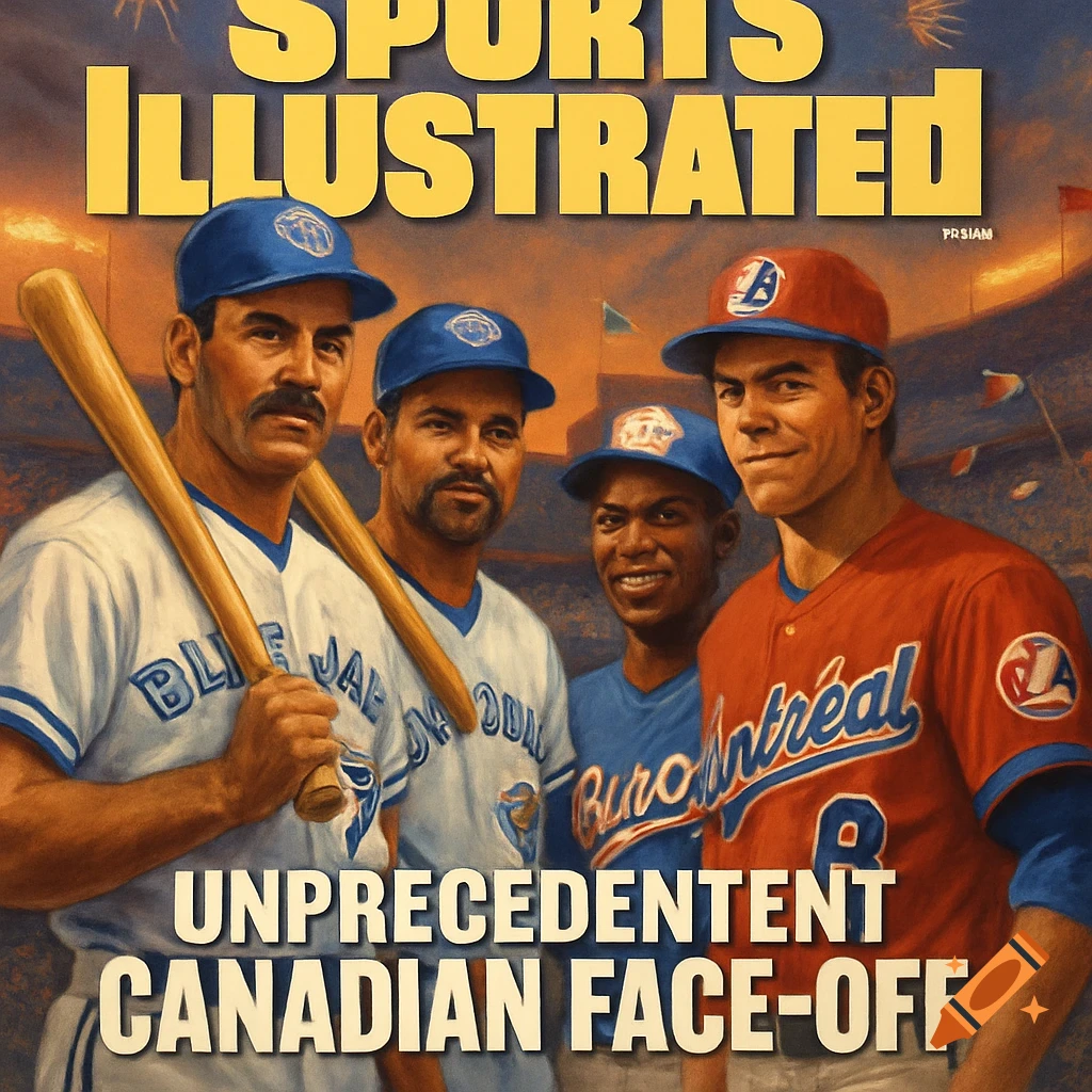 Illustration of a Sports Illustrated cover showing four baseball players, two from the Blue Jays and two from Montreal Expos, with bats. Headline: 'UNPRECEDENT CANADIAN FACE-OFF'.