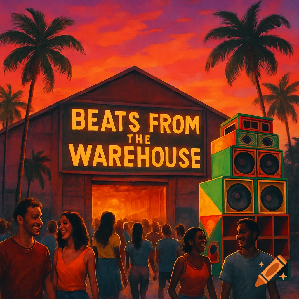 People gather outside 'BEATS FROM THE WAREHOUSE' under a sunset with palm trees and a large speaker stack.