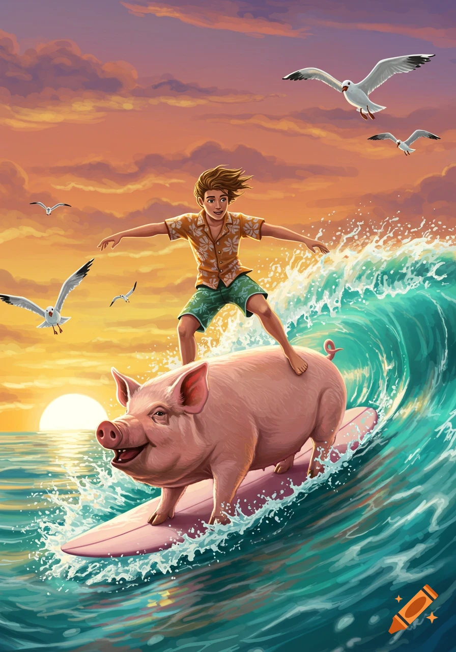 Illustrated boy surfing on a pink pig in ocean wave at sunset with seagulls.