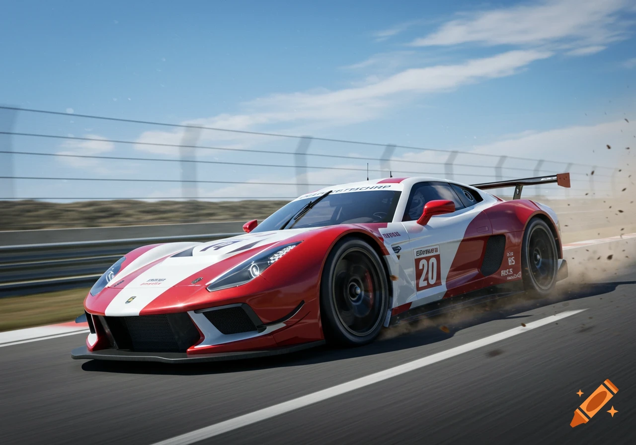 A red and white race car with number 20 on its side speeds down a track, kicking up dirt under a blue sky.