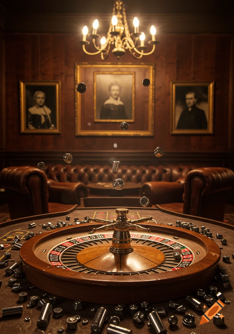 A low-angle shot of a classic roulette table with buckshot scattering, set in a luxurious, dimly lit room with leather chairs and framed portraits.