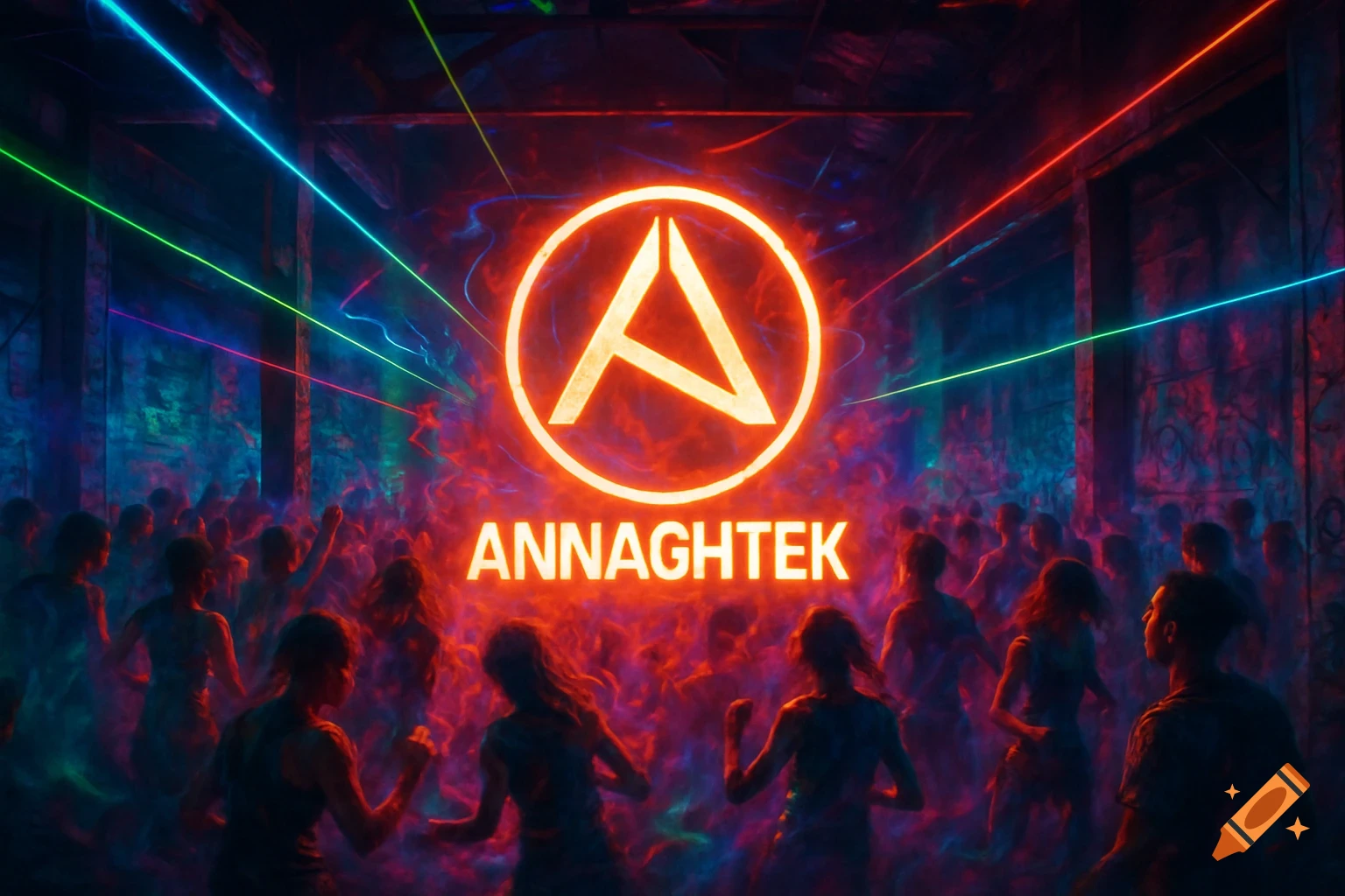 A neon-lit rave scene with a crowd dancing, featuring a glowing 'A' logo and 'ANNAGHTEK' text in the center.