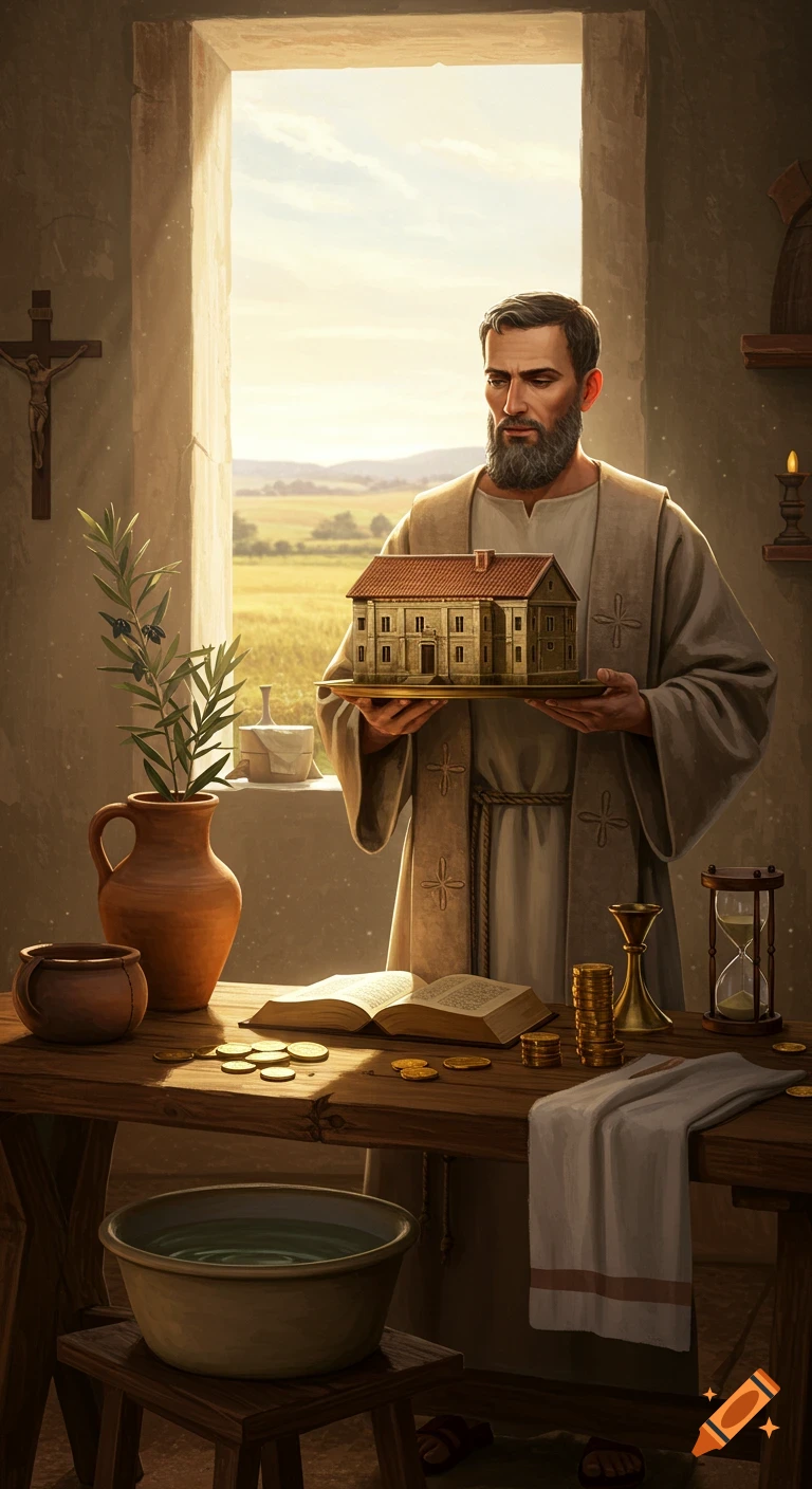A bearded man in a robe holds a model house on a platter, standing by a window overlooking fields. A crucifix, open Bible, and coins are on a table.