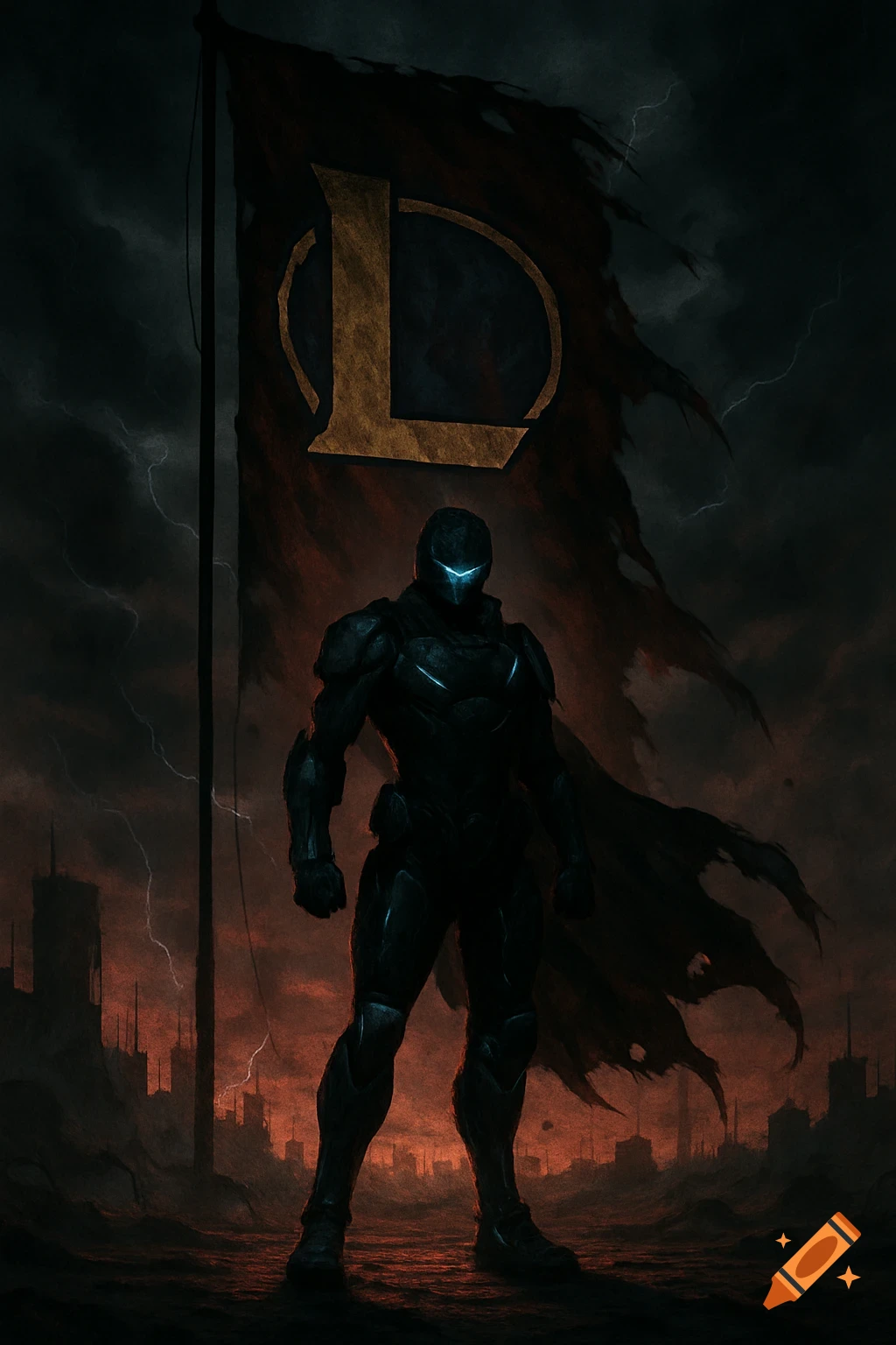 A dark futuristic warrior stands in a ruined city under a stormy sky, a tattered flag with a golden 'L' behind them.