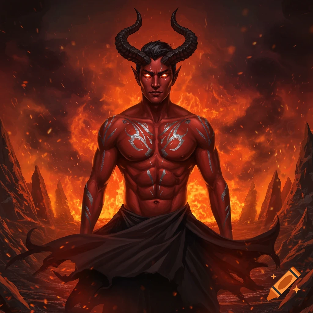A muscular, red-skinned demon with black horns and glowing eyes stands in a fiery, hellish landscape.