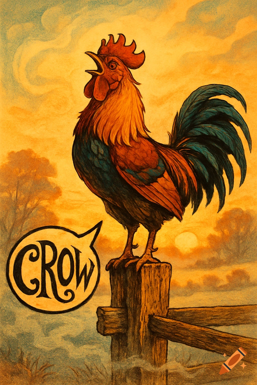 A colorful rooster crows on a wooden fence post at sunrise, with a speech bubble reading 'CROW' in an illustrative style.