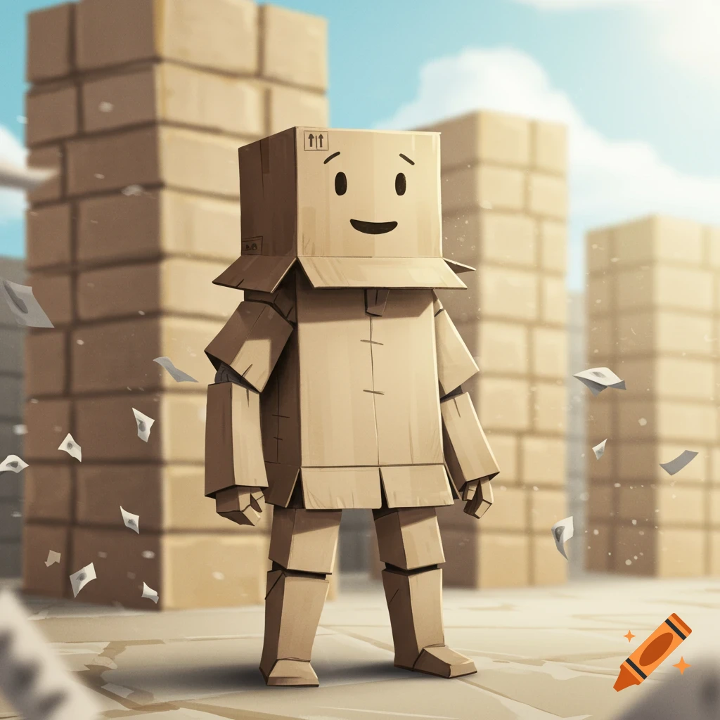 A friendly cartoon character made of cardboard boxes with a smiley face stands outdoors among stacks of boxes.