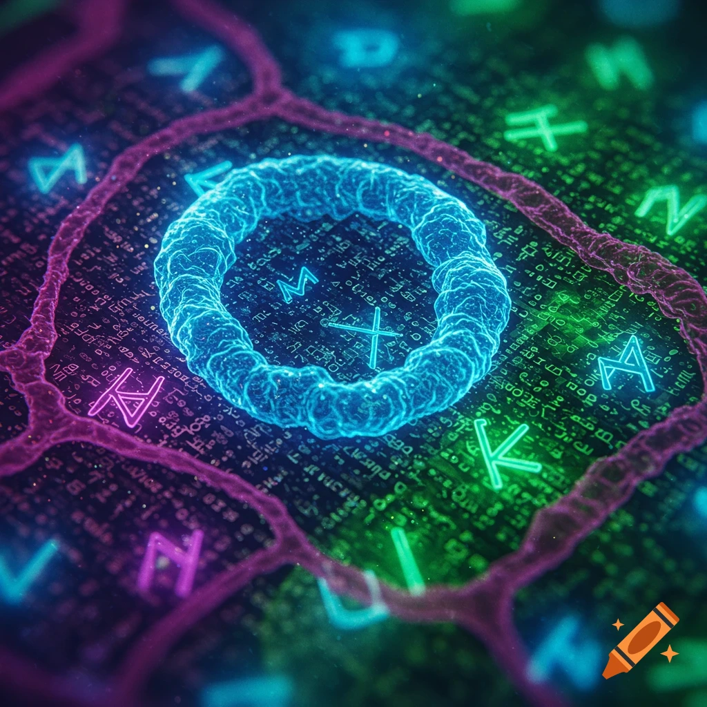 A neon blue glowing cellular ring with purple strands, against a dark background filled with glowing green and purple runic symbols.