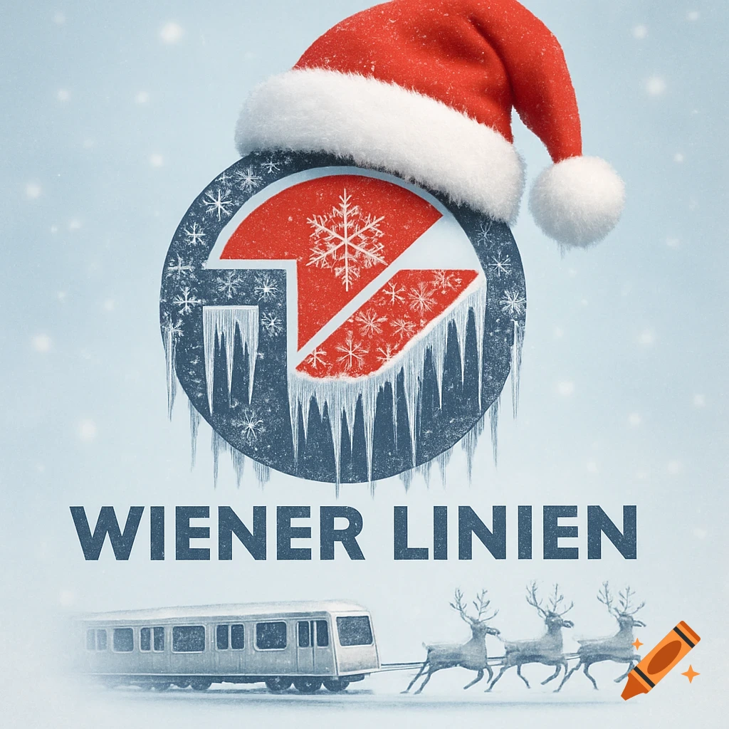 A Wiener Linien logo featuring a red Santa hat, icicles, and snowflakes, with a metro train pulled by reindeer below it in a snowy scene.