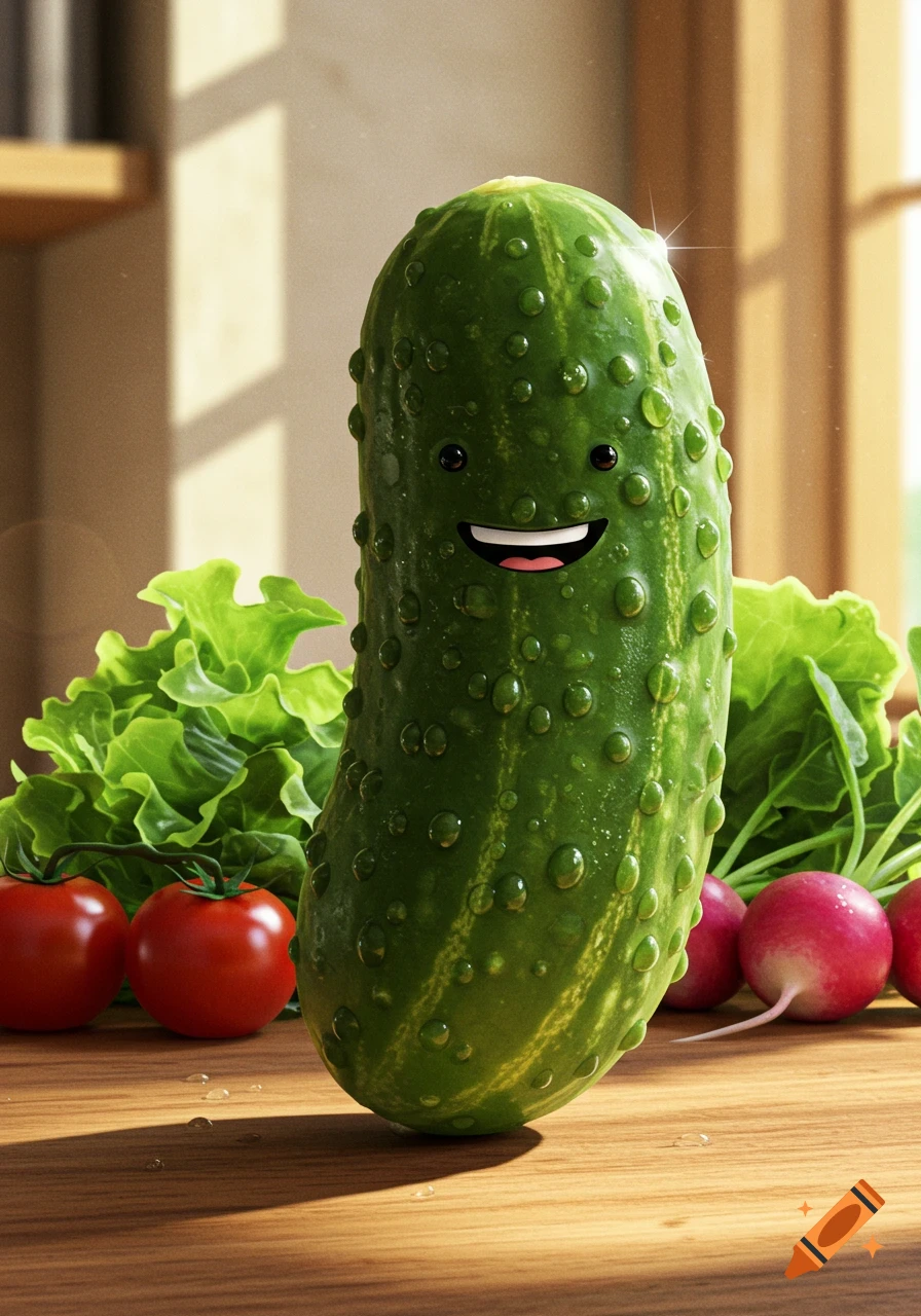 Photorealistic animated cucumber with a smiley face and water droplets stands on a wooden table with fresh vegetables.
