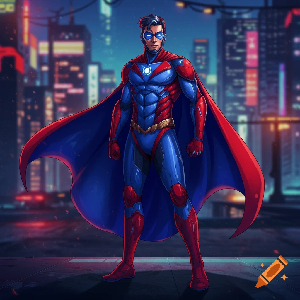 A muscular male superhero in a red and blue suit with a cape and mask stands in a futuristic city at night, comic art style.