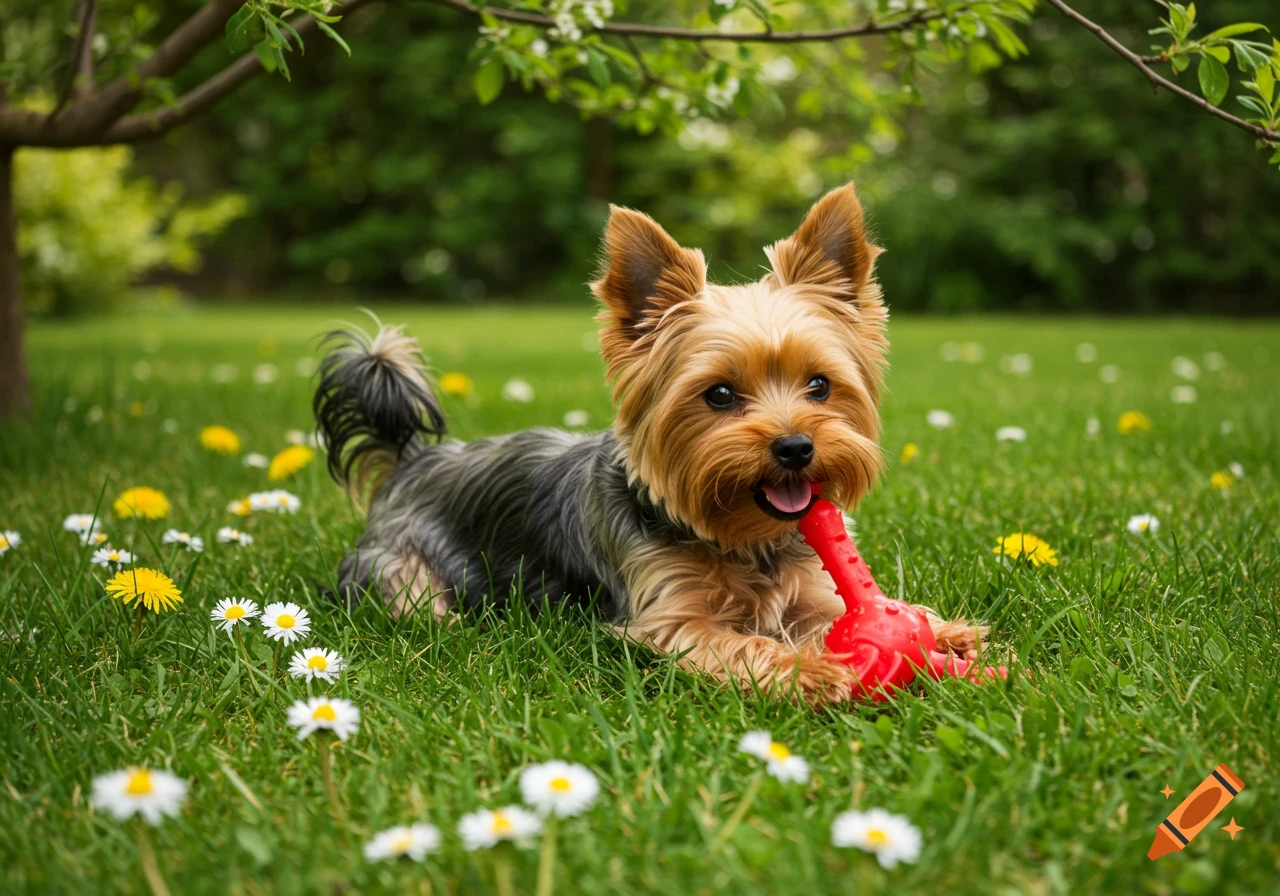 A happy Yorkie dog lies in green grass with a red toy in its mouth, surrounded by white daisies and yellow dandelions.