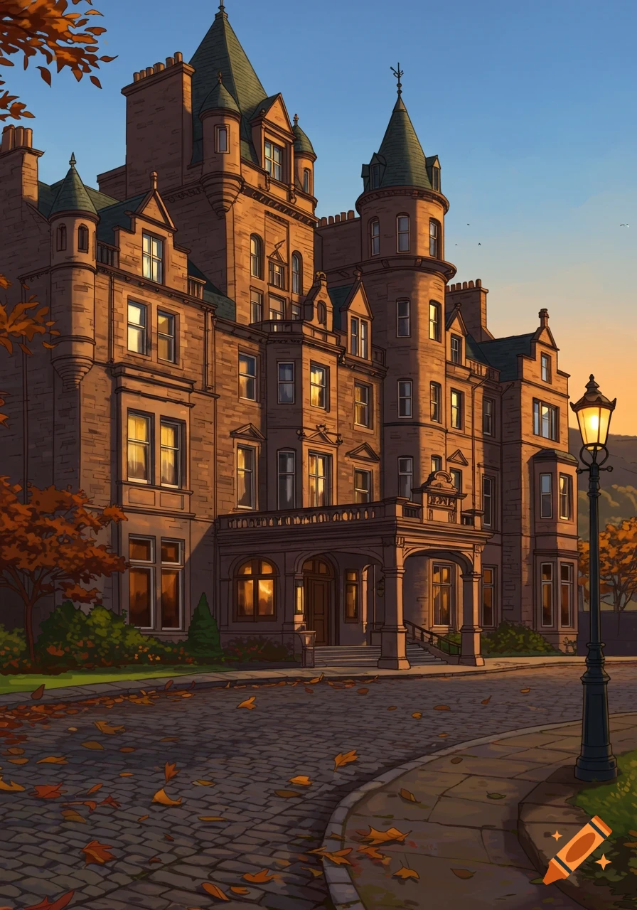 An illustrated grand stone college building with green spires at sunset, autumn leaves on a cobblestone path.
