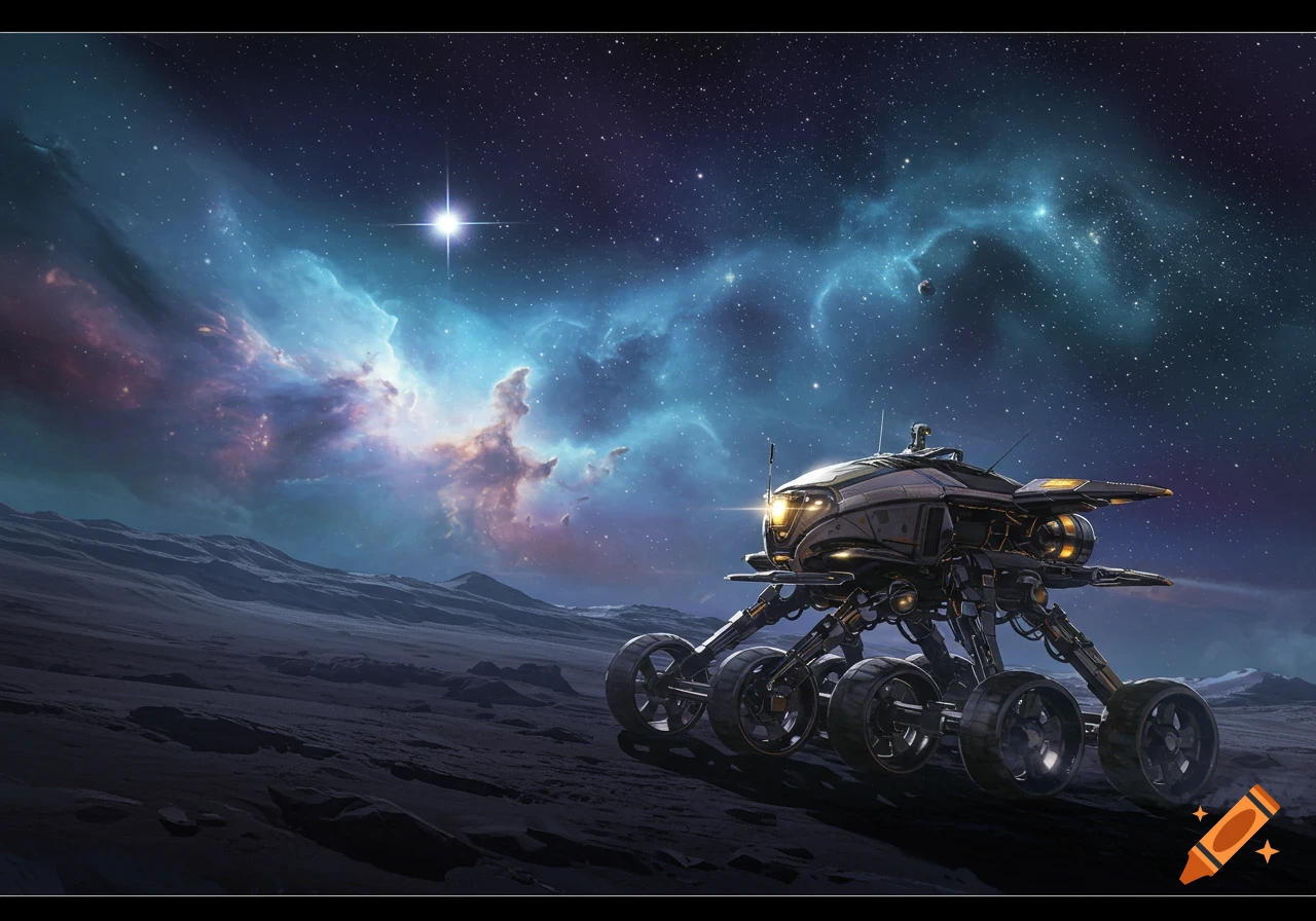 A large, six-wheeled space rover on a dark planet surface under a vibrant starry sky and a blue nebula, sci-fi art.