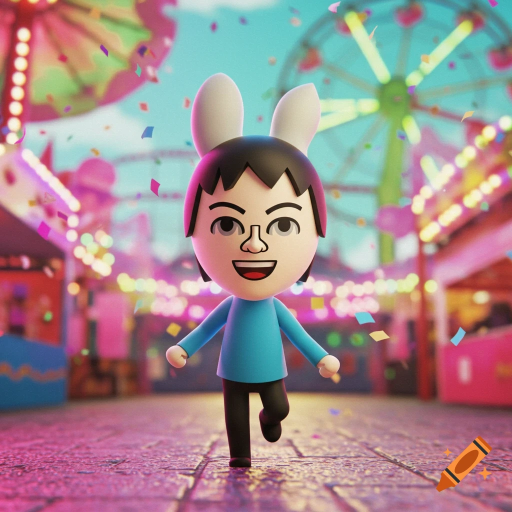 A 3D Mii character with bunny ears stands smiling amidst colorful confetti at a brightly lit amusement park.
