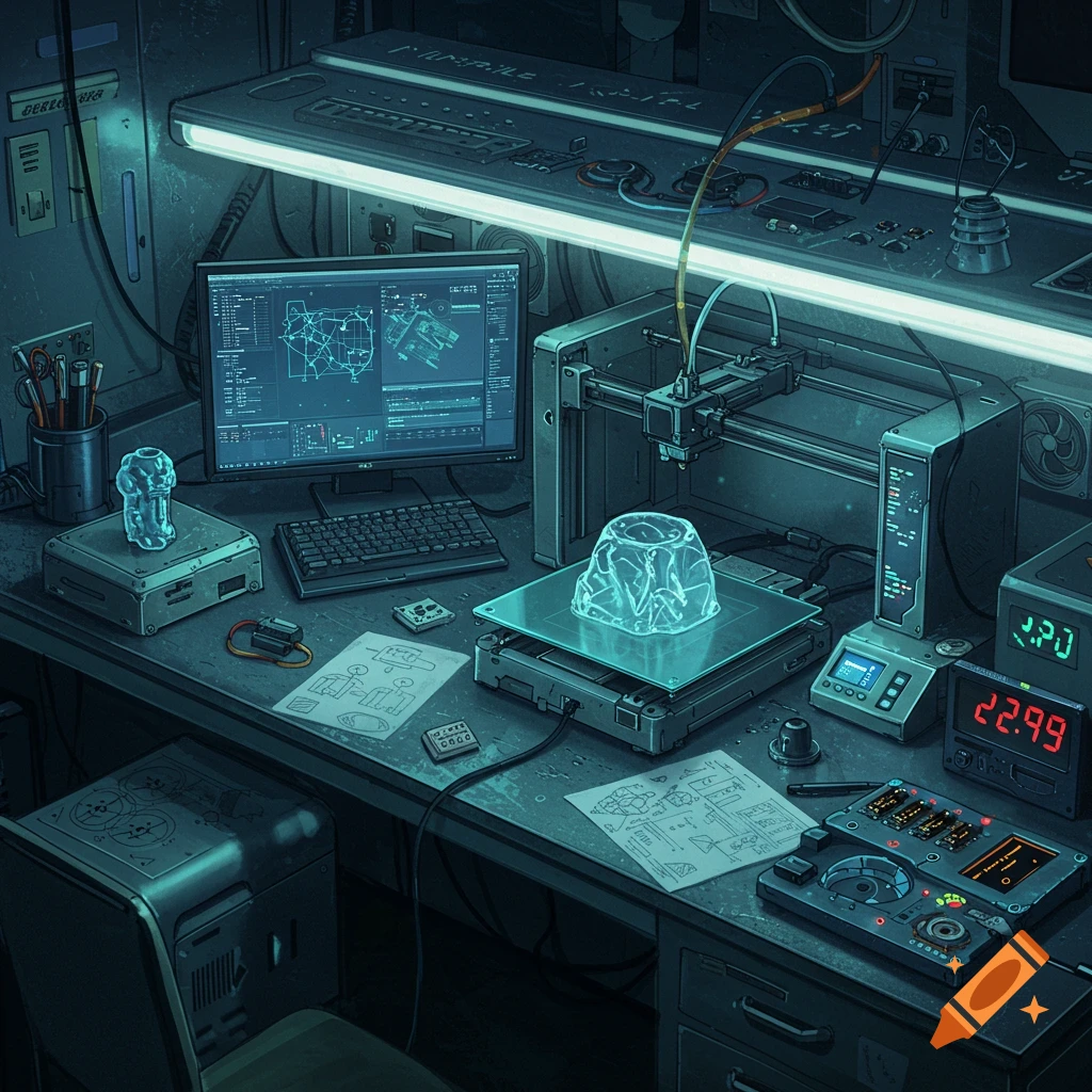 A detailed, futuristic science laboratory workbench under bright neon lights, featuring a computer with schematics, a 3D printer, and various electronic components.