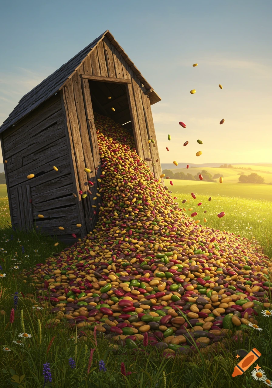 A wooden shed tilted in a green field, overflowing with a colorful cascade of beans under a golden sky.
