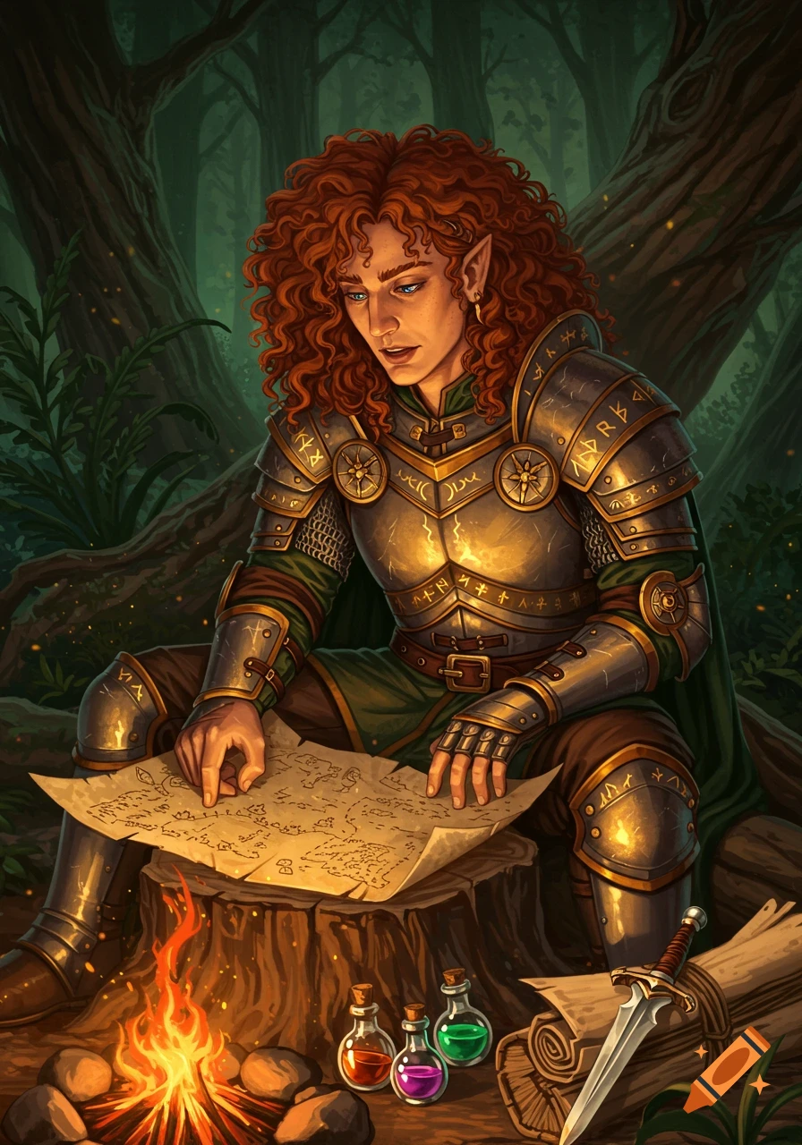 A fantasy elven warrior with auburn curly hair studies a map by a campfire in a dark forest, surrounded by potion bottles.