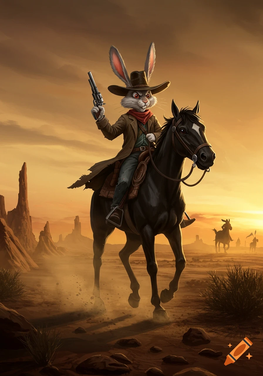 Digital illustration of Brer Rabbit as a cowboy riding a black horse through a desert at sunset, holding a revolver.