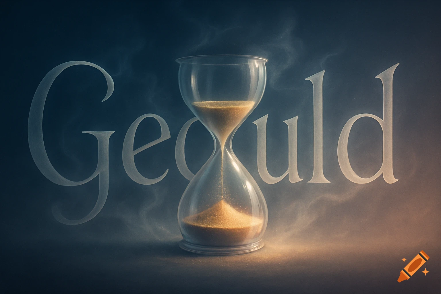 An elegant hourglass with flowing sand on a dark, smoky background, with the word 'Geduld' (Patience) in stylized text.