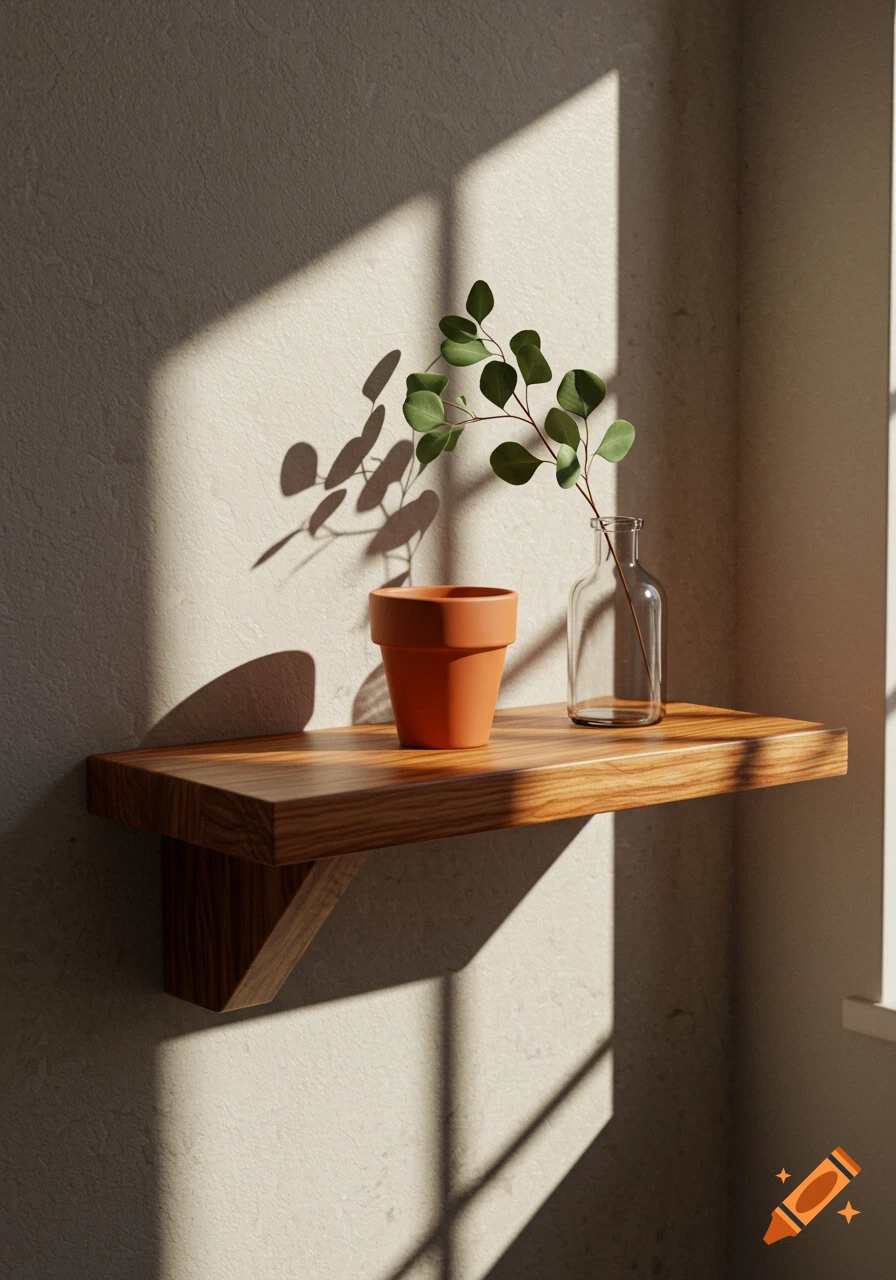 Photorealistic wooden shelf with a terracotta pot and glass vase holding a green plant, illuminated by sunlight on a textured wall.