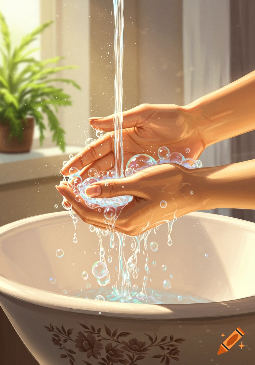 A stylized illustration of hands washing under running water with soap bubbles, above a white sink with a plant in the background.