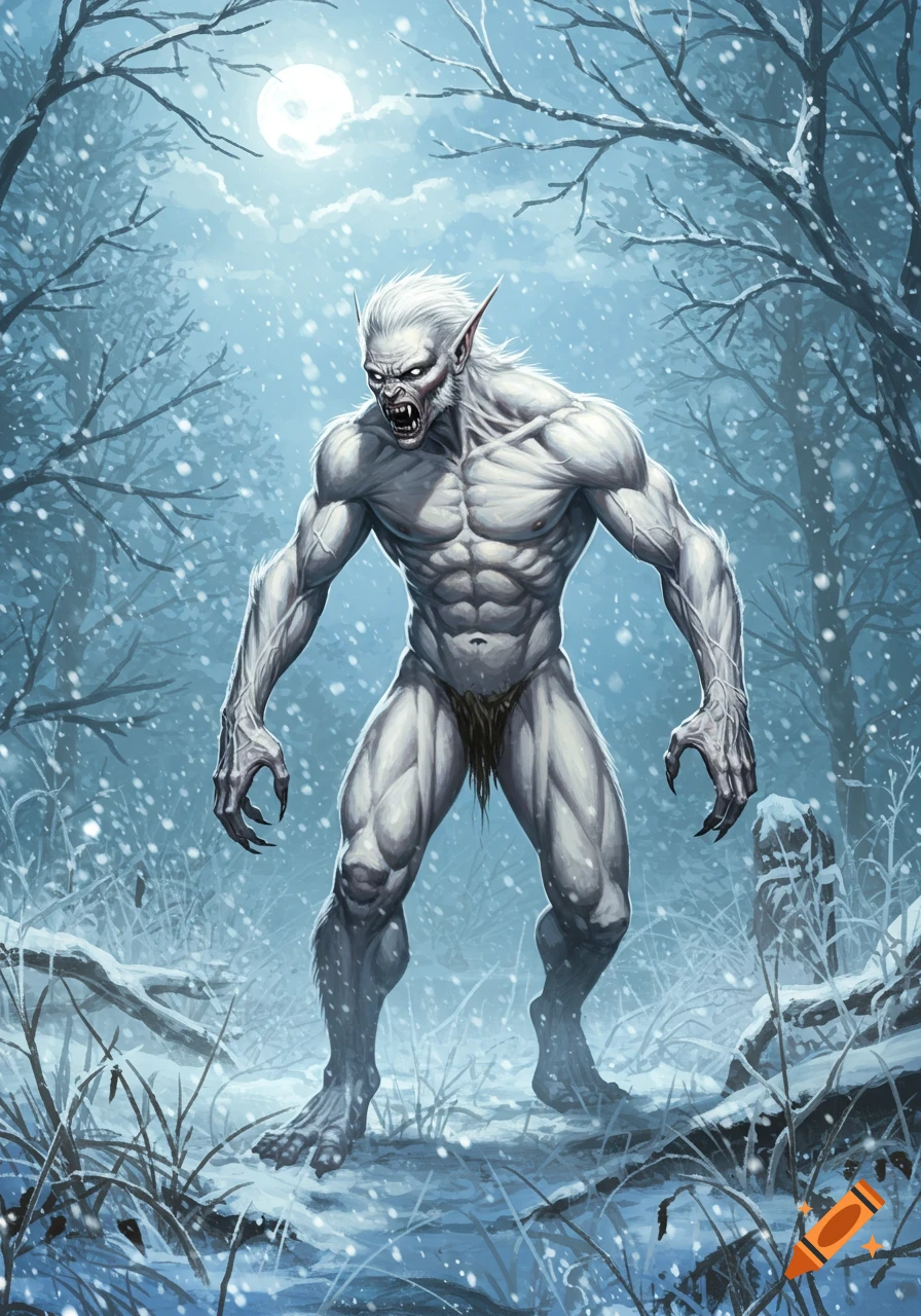 A muscular white werewolf stands in a snowy winter forest under a full moon, fantasy illustration.