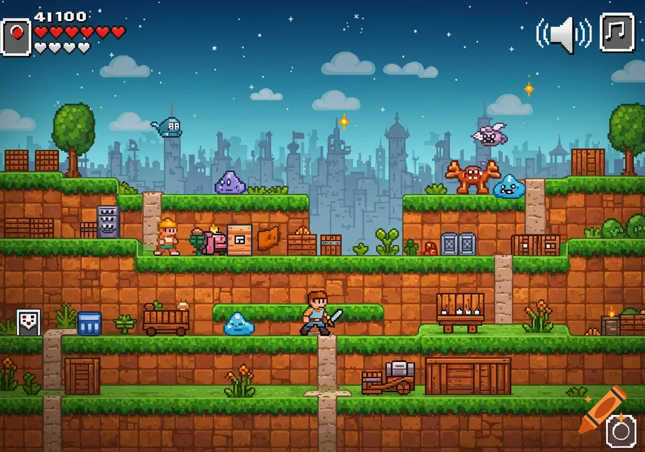 A colorful pixel art platformer game scene featuring a hero with a sword, various enemies, layered platforms, and a distant city.