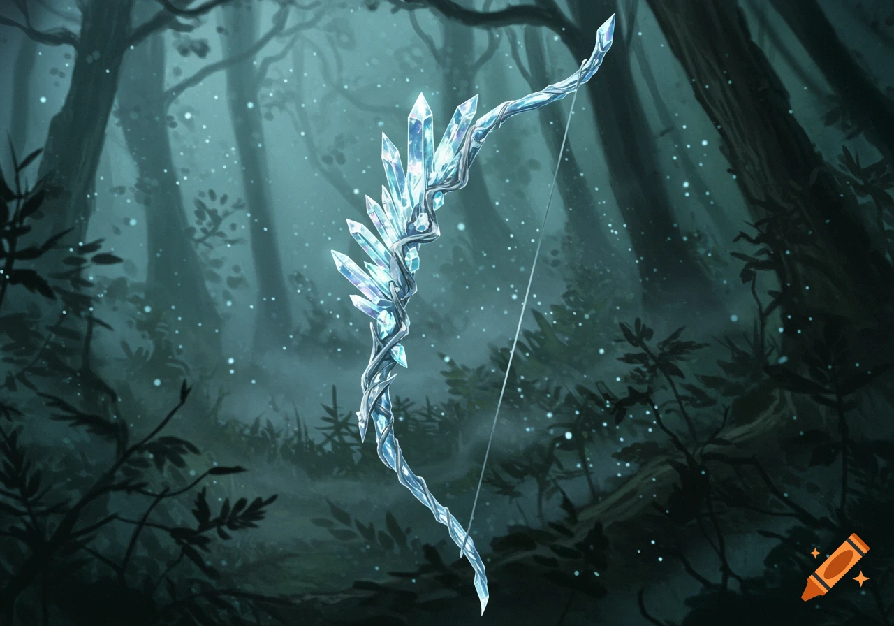 An ethereal crystal elven bow with glowing details and moonlight reflections in a misty, dark fantasy forest.