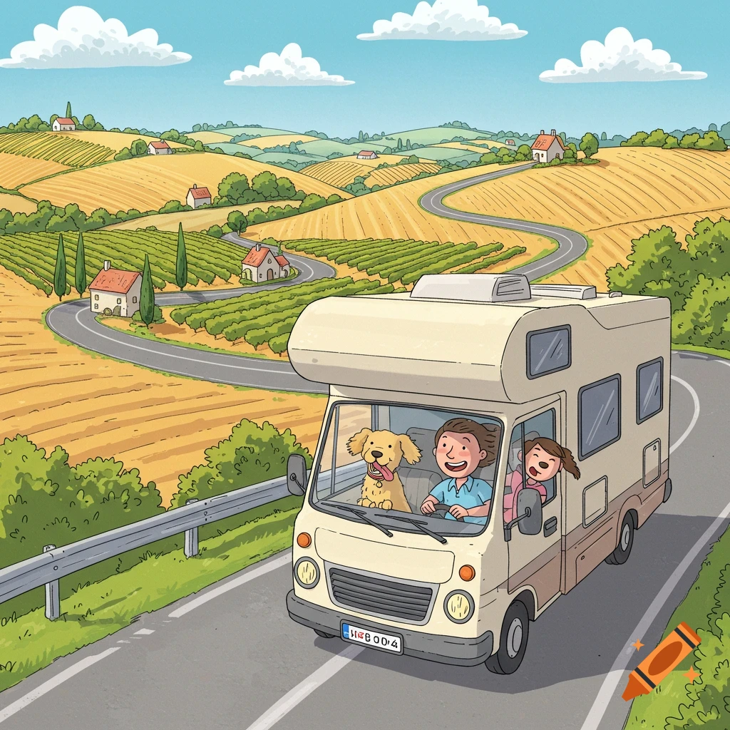A cartoon family with a dog drives an RV on a winding road through a sunny, hilly landscape with vineyards and houses.