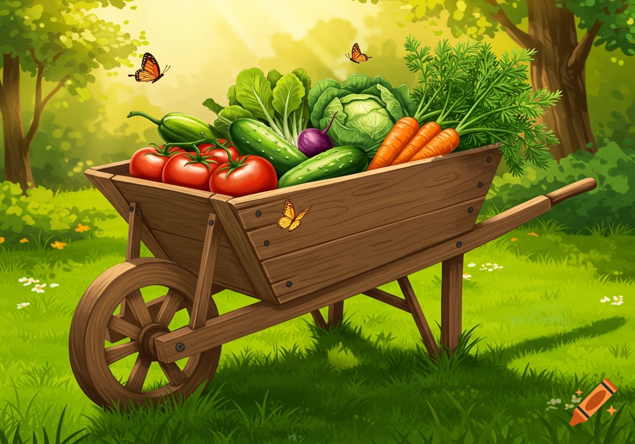 Vibrant illustration of a wooden wheelbarrow overflowing with fresh garden vegetables in a sunny field with butterflies.
