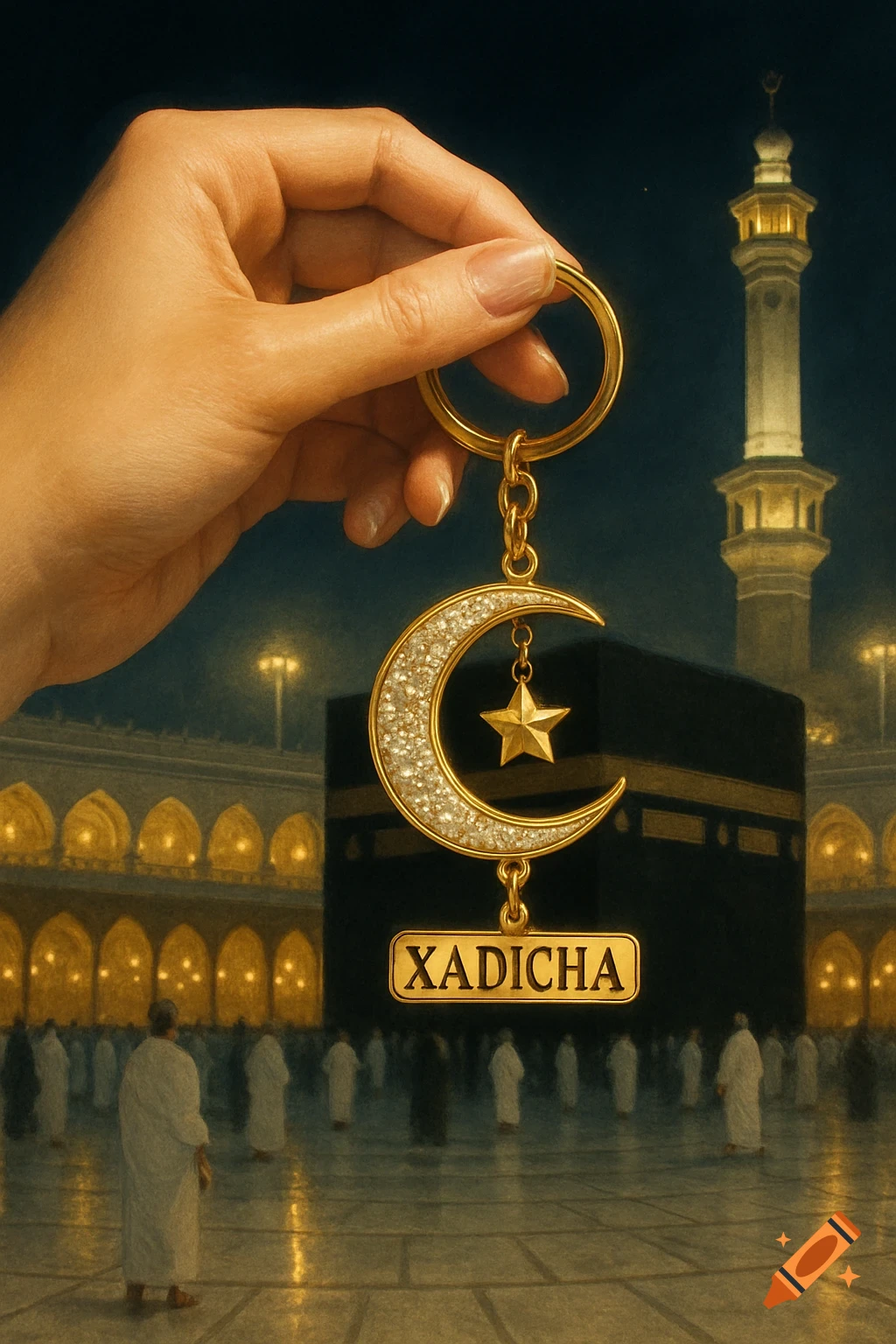 A hand holds a golden keychain with a crystal crescent moon, star, and 'XADICHA' pendant, set against the Grand Mosque of Mecca at night.