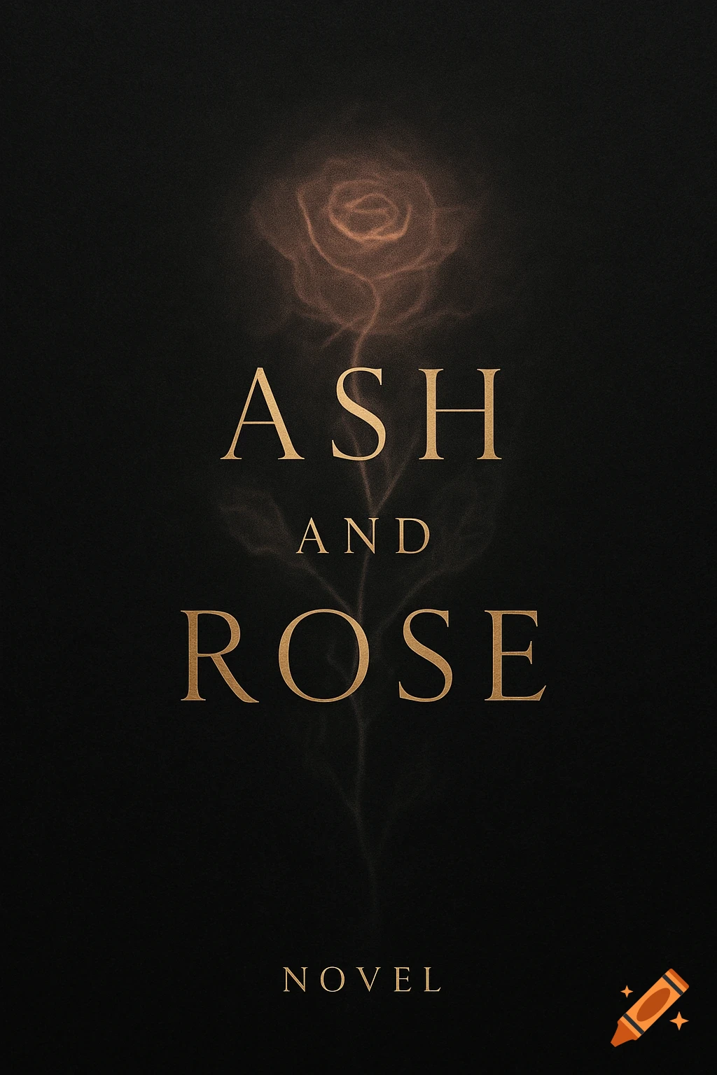 Minimalist fantasy book cover with gold text 'Ash and Rose' and a faint, glowing smoky rose outline on a dark background.